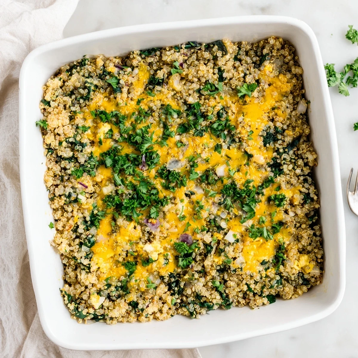 Protein-packed vegetarian quinoa spinach and egg bake sliced into squares showing tender textured layers