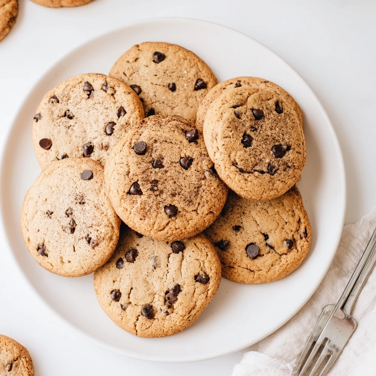 Golden Vietnamese cinnamon chocolate chip cookies with gooey melted chocolate centers on a white plate