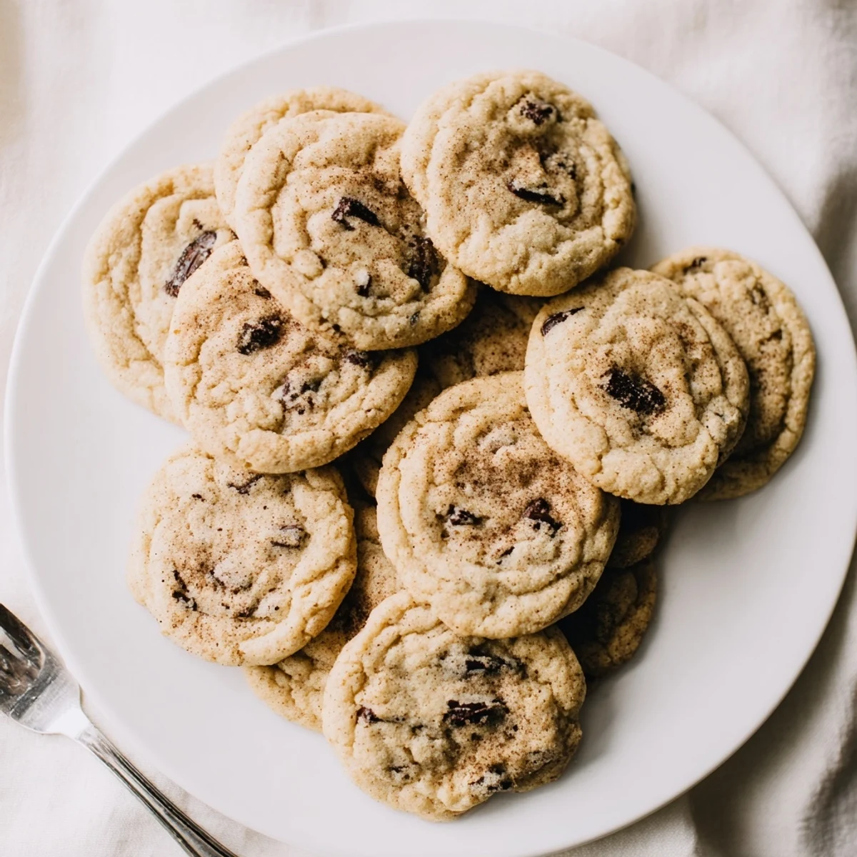 Close up of warm Vietnamese cinnamon chocolate chip cookies showing aromatic spice specks throughout the dough