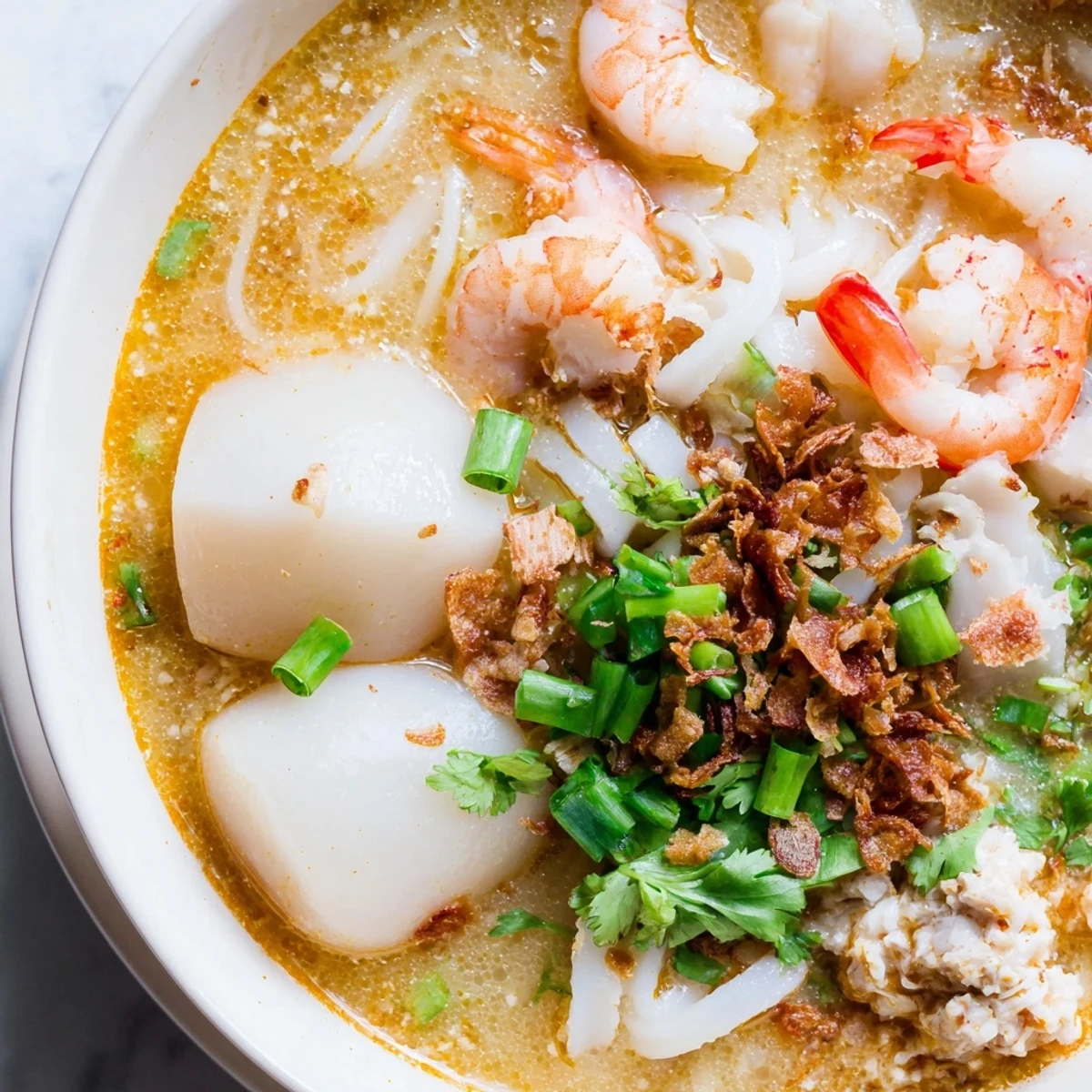 Steaming bowl of Vietnamese Banh Canh Cua with thick tapioca noodles, tender crab chunks, and aromatic broth garnished with fresh cilantro and fried shallots.