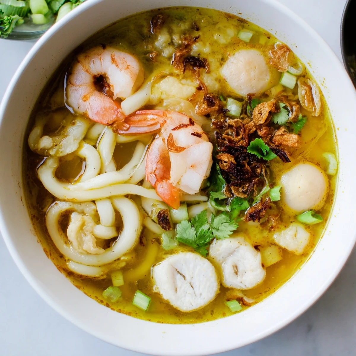 Rich Banh Canh Cua noodle soup featuring succulent crab, plump shrimp, and sliced fish cakes in savory golden broth topped with spring onions.