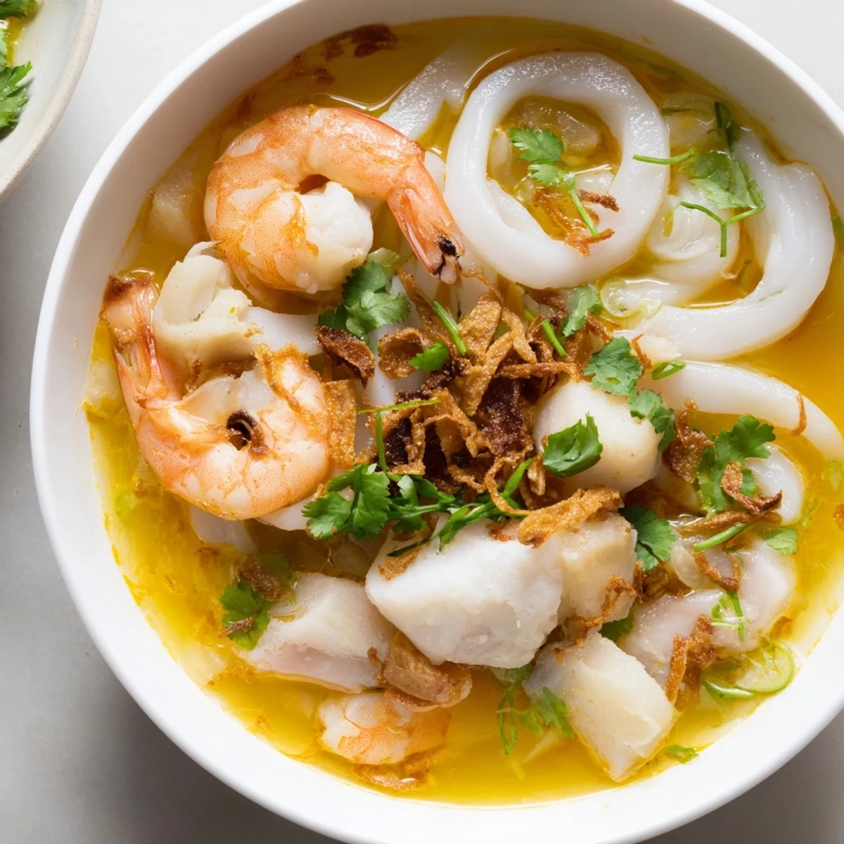 Comforting Vietnamese Banh Canh Cua served hot with chewy tapioca noodles, seafood medley, and vibrant garnishes of red chili and lime wedges.