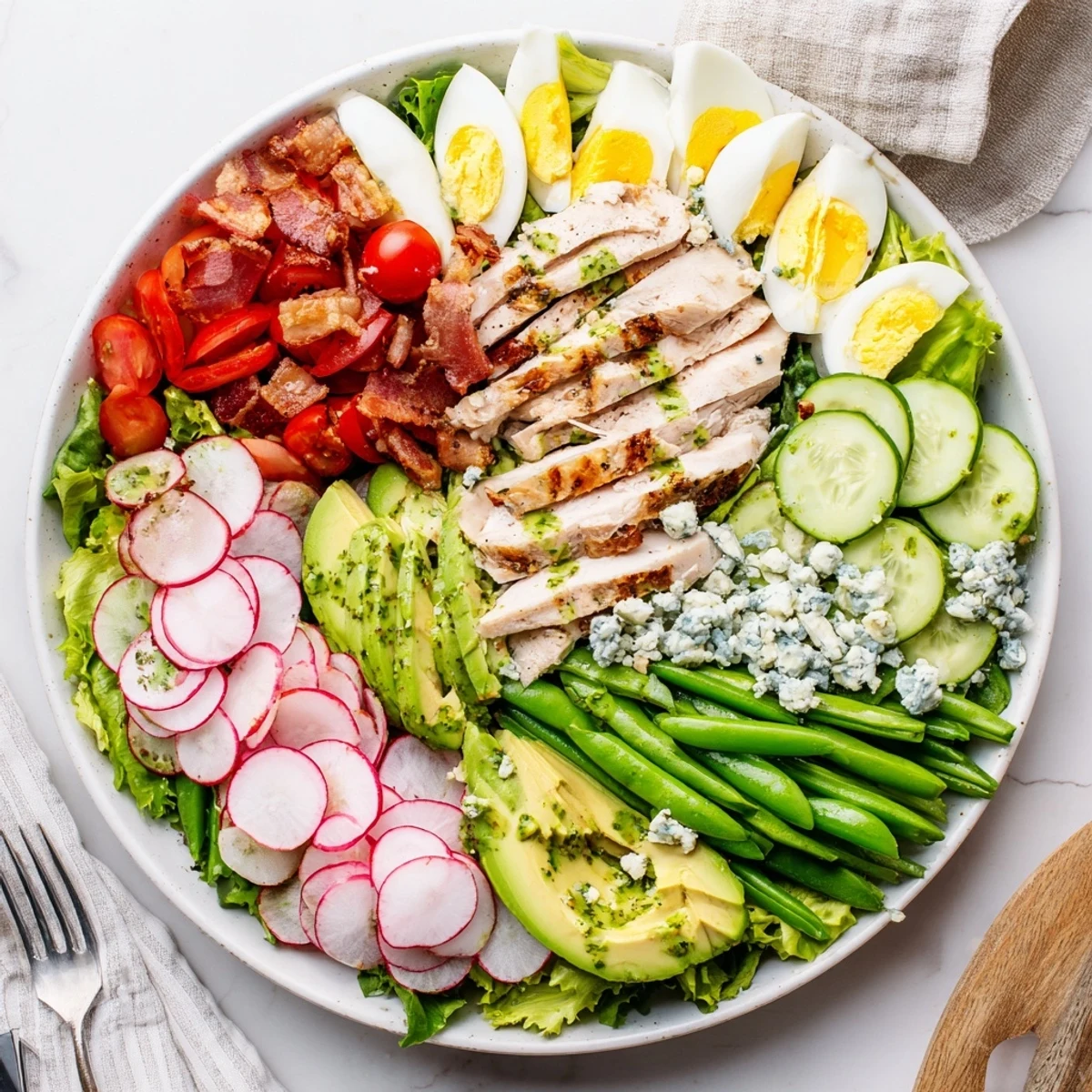 Fresh Spring Cobb salad arranged with grilled chicken, crisp snap peas, radishes, and creamy avocado slices