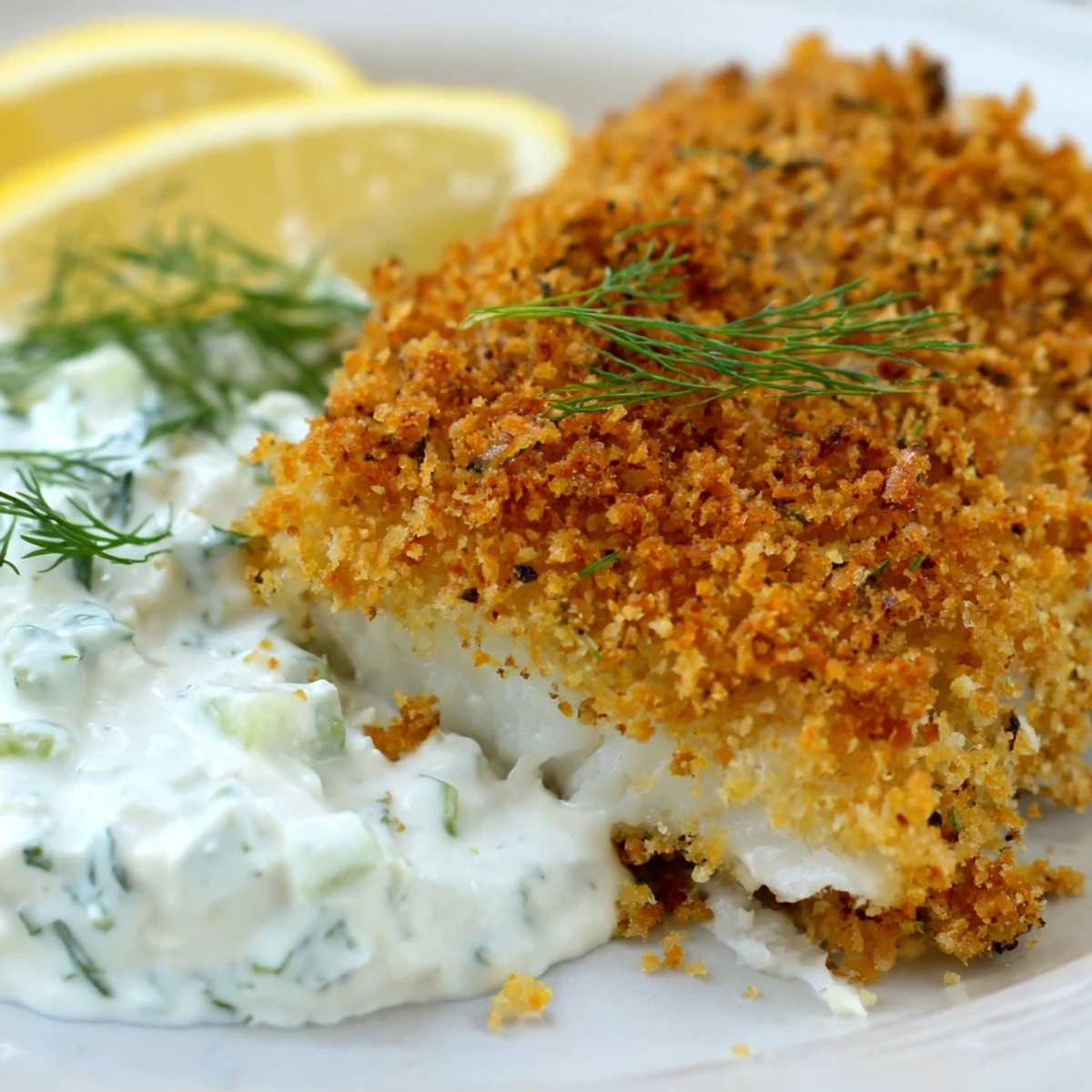 Crispy baked fish fillets served alongside cool cucumber yoghurt sauce with dill and lemon