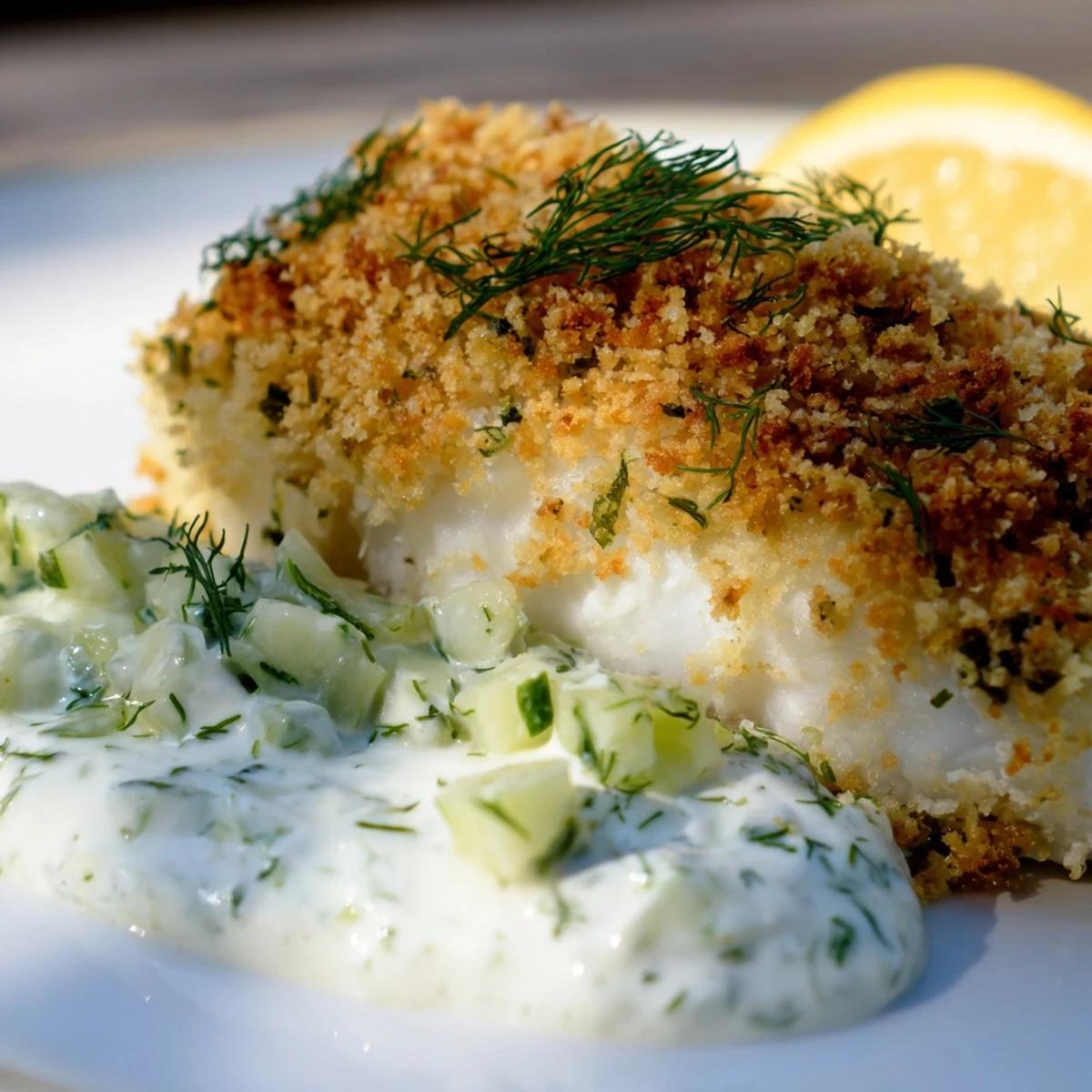 Plate of oven baked crumbed fish pieces drizzled with olive oil and lemon wedges