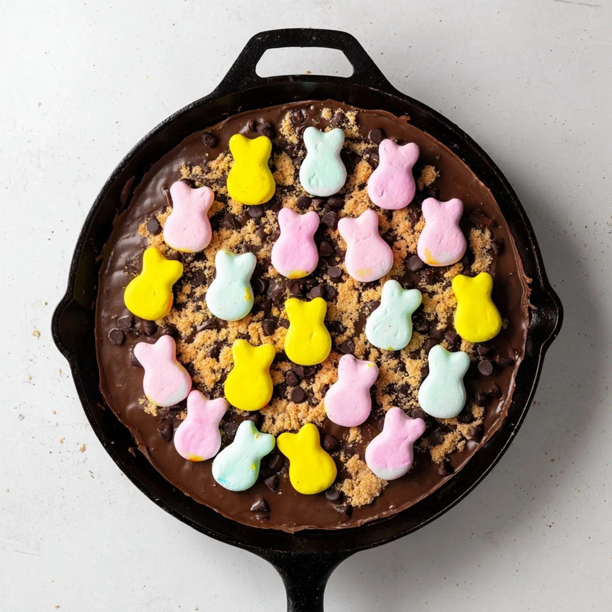 Golden Peeps marshmallow chicks nestled over melted semi-sweet chocolate in a cast iron skillet