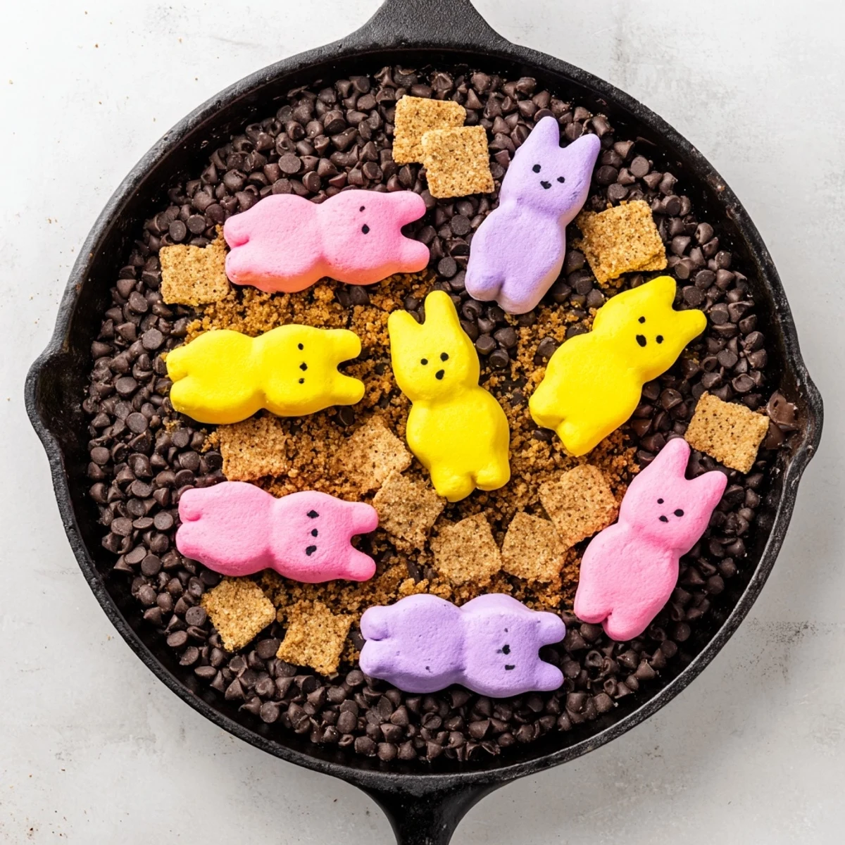 Colorful Peeps skillet smores with gooey toasted marshmallows and graham crackers ready for dipping