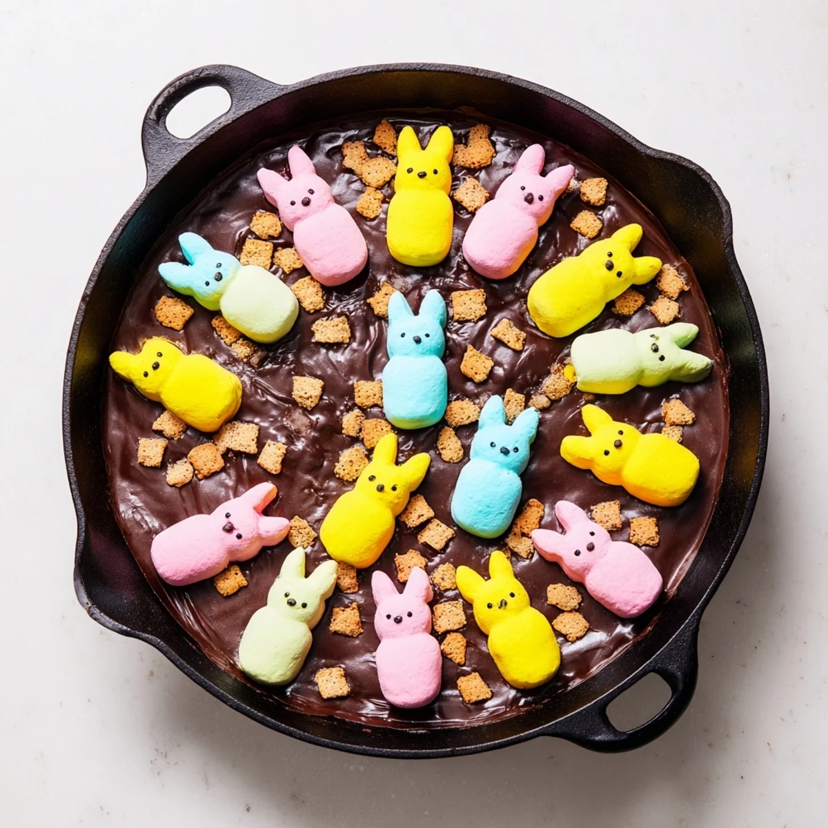 Oven-baked Peeps smores bubbling in a skillet with rich chocolate and crispy graham cracker dippers