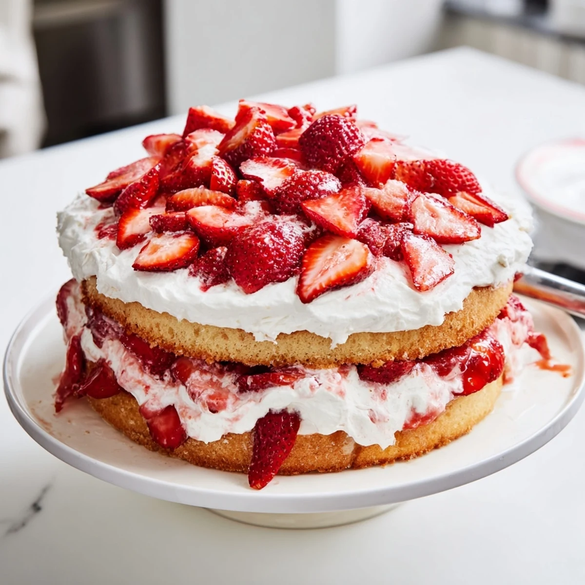 Layered strawberry shortcake cake with fluffy vanilla sponge stacked between whipped cream and fresh red berries