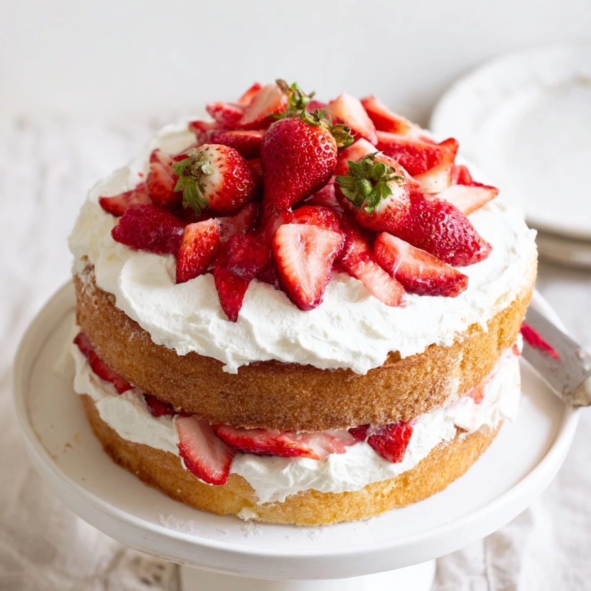 Golden strawberry shortcake cake slice revealing tender vanilla crumble topped with macerated berries and white whipped cream