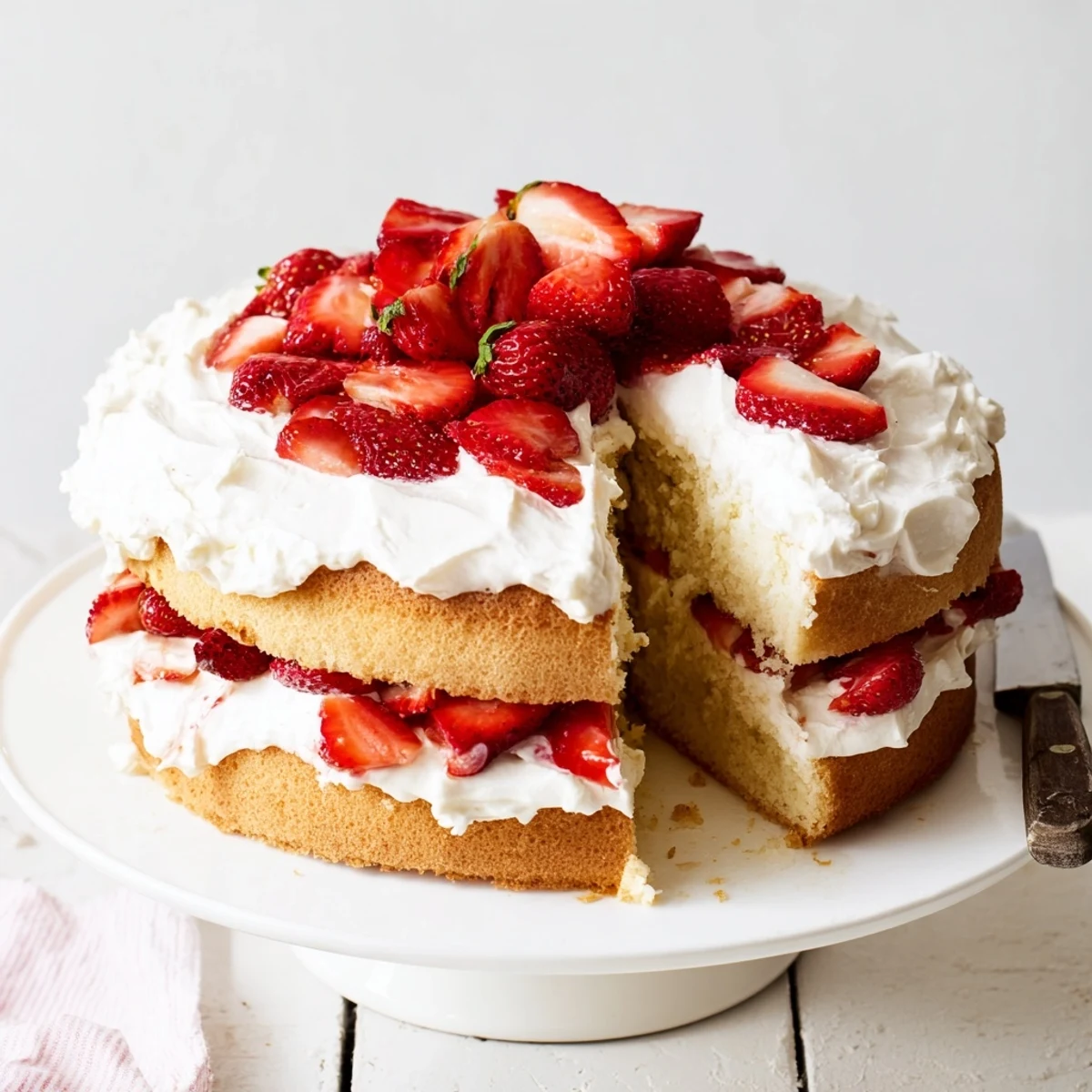 Summer strawberry shortcake cake presentation on white plate with juicy red fruit overflowing from creamy layers