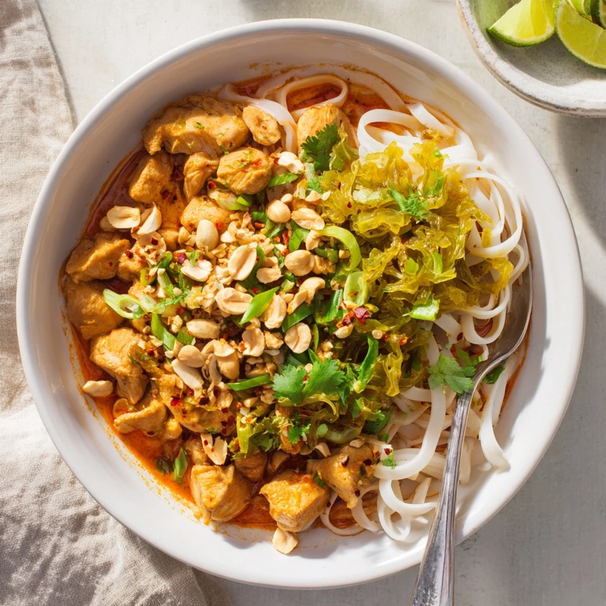 Burmese-style Shan noodles served with savory tomato chicken sauce, fresh herbs, crunchy peanuts, and zesty lime wedges