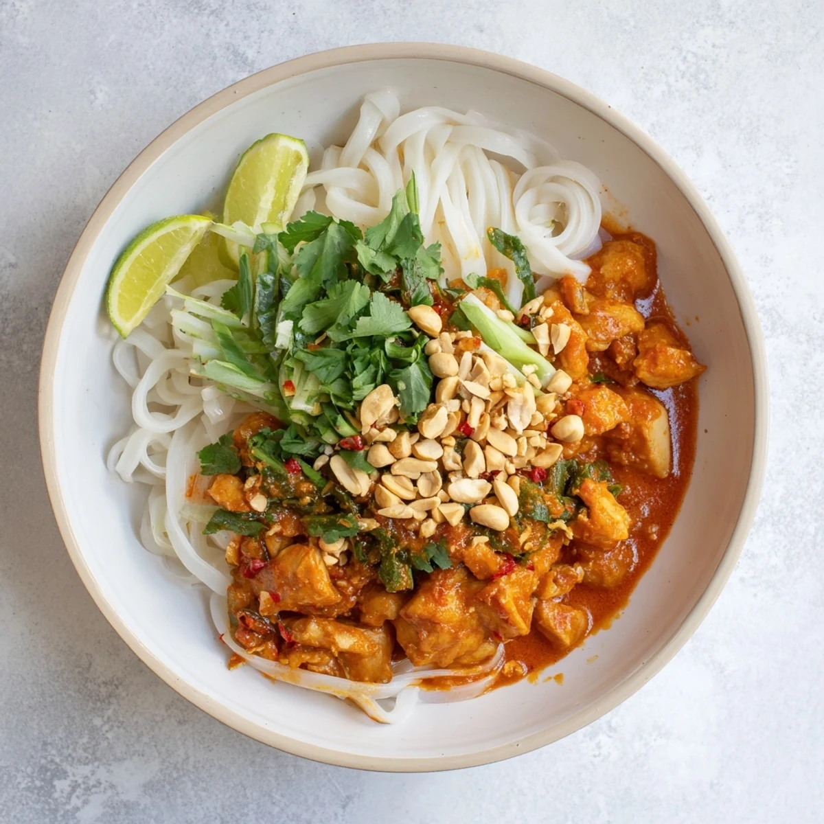 Golden bowl of Shan noodles topped with tender chicken, tangy pickled mustard greens, and crushed roasted peanuts