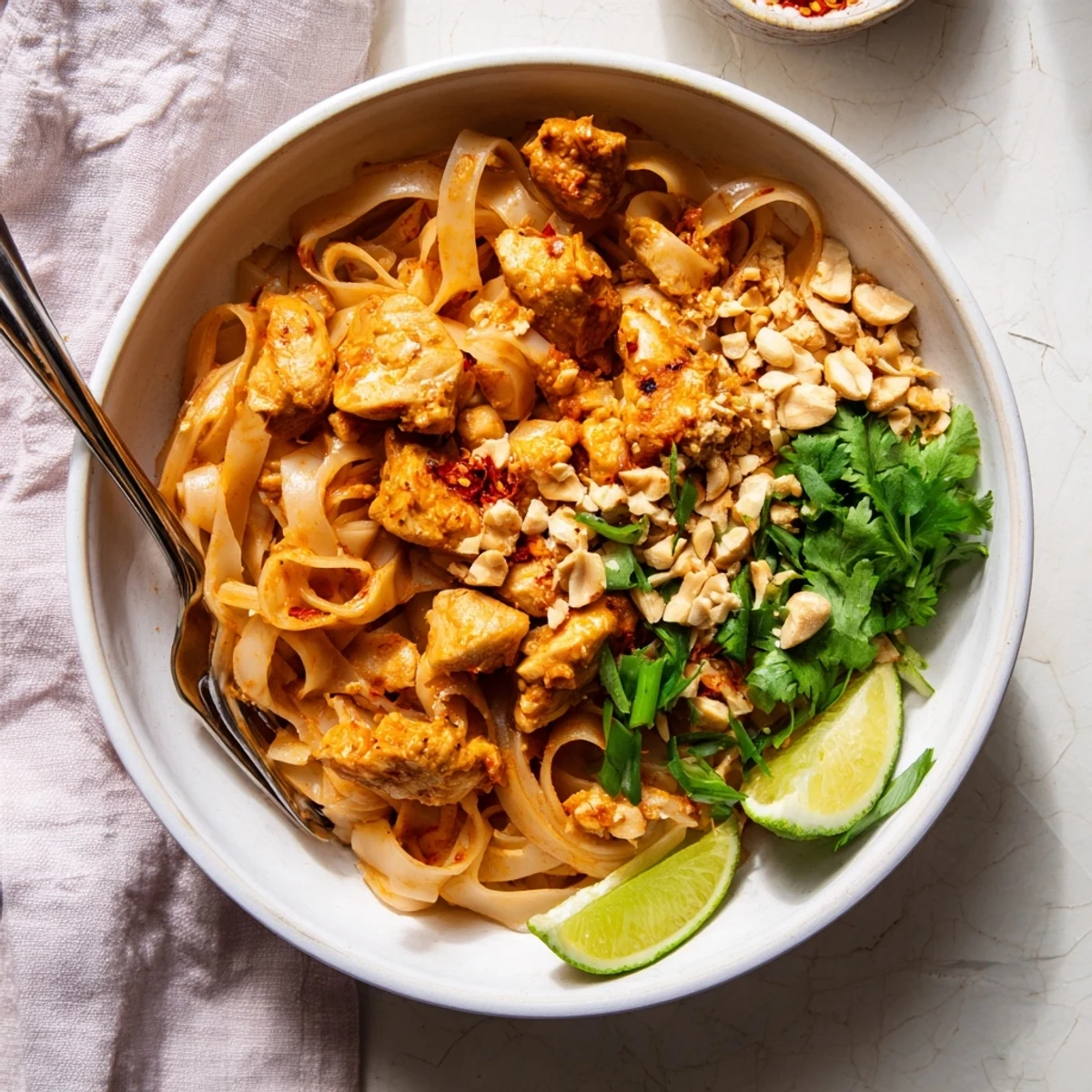 Comforting Shan noodles featuring rice noodles smothered in spiced chicken tomato sauce with pickled greens and nutty garnish