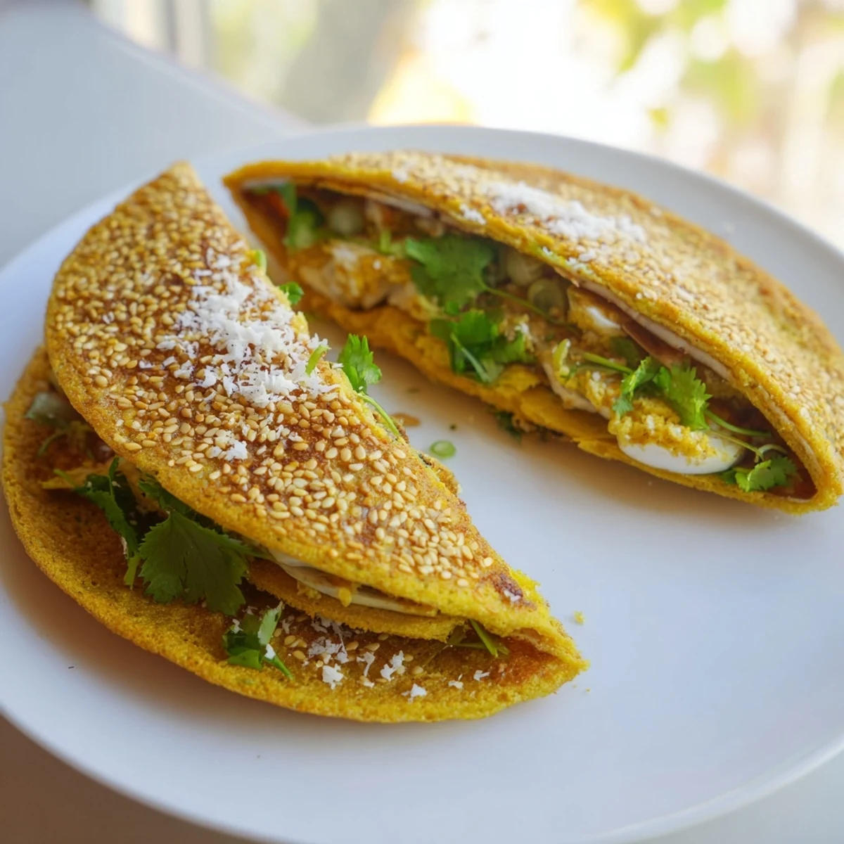 Golden Mont Lin Ma Yar Burmese rice pancakes paired together with quail eggs and fresh herbs on a white plate