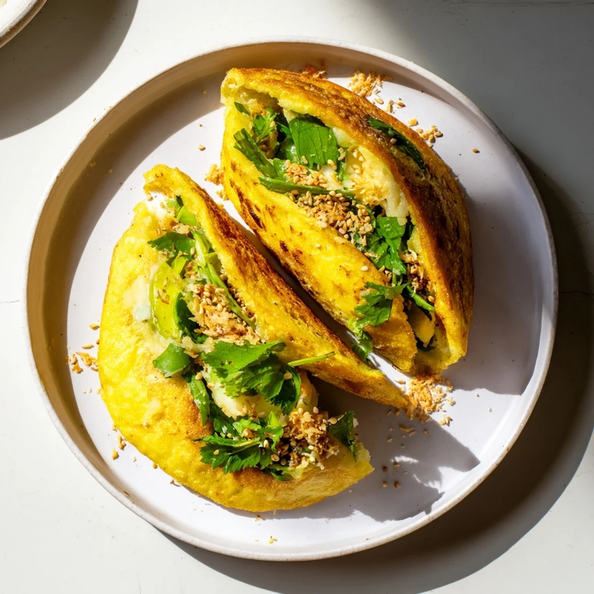 Crispy Mont Lin Ma Yar street snack filled with chickpeas, sesame seeds, and topped with green scallions