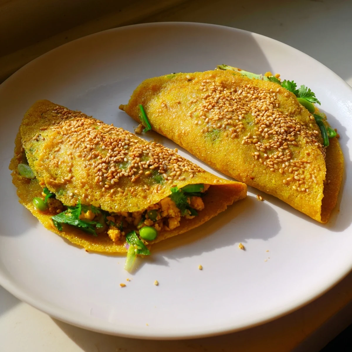 Turmeric-spiced Mont Lin Ma Yar pancakes served hot with grated coconut and cilantro garnish on rustic surface