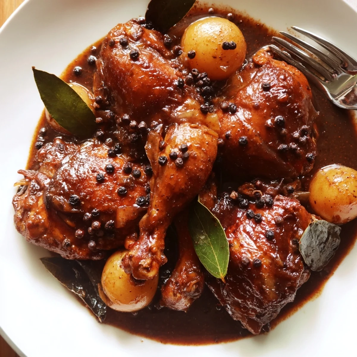 Tender bone-in chicken pieces simmered in savory Filipino Chicken Adobo with garlic and bay leaves