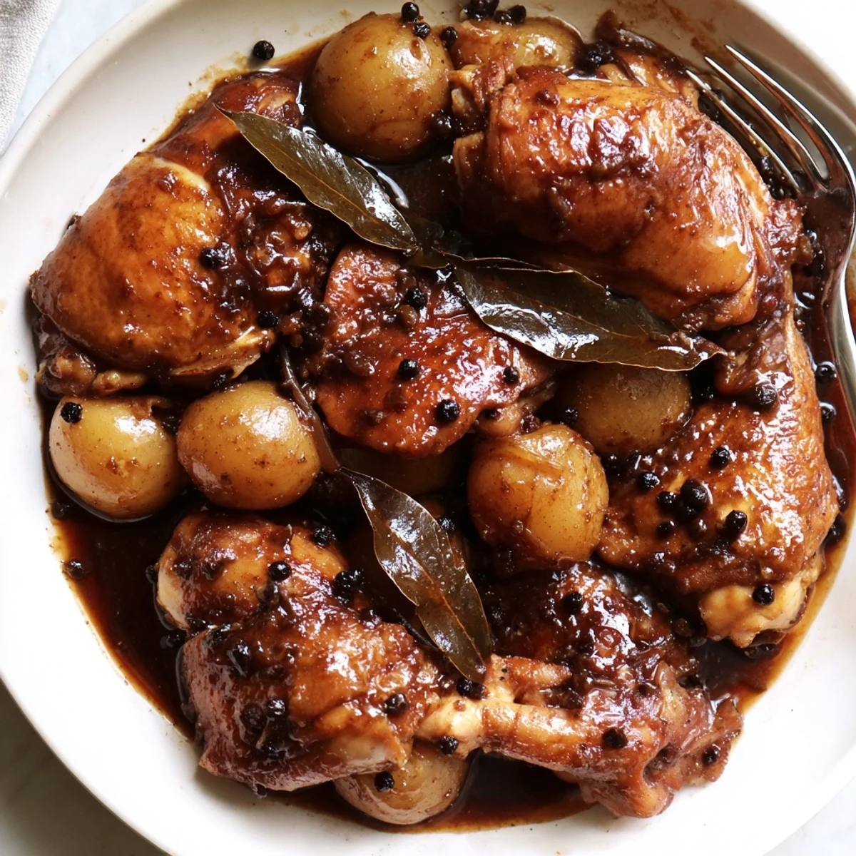 Golden Filipino Chicken Adobo glistening in rich soy vinegar sauce with steamed white rice