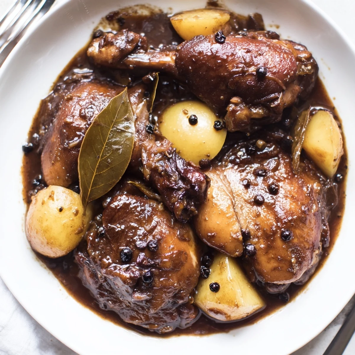 Saucy Filipino Chicken Adobo plated over fluffy rice with crispy fried garlic garnish on top