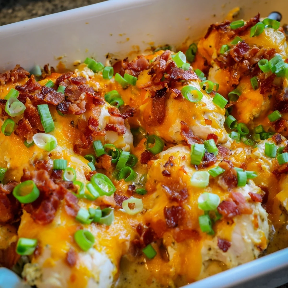 Creamy crack chicken baked with melted cheddar cheese and crispy bacon crumbles