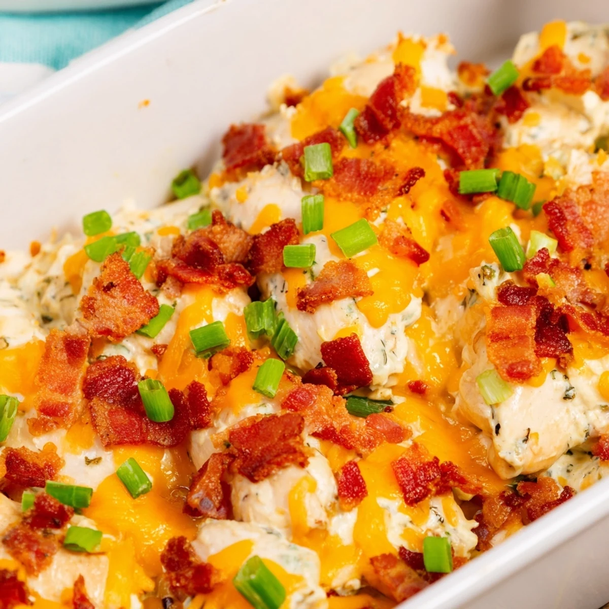 Oven-baked crack chicken topped with bubbling cheese and ranch-seasoned cream sauce