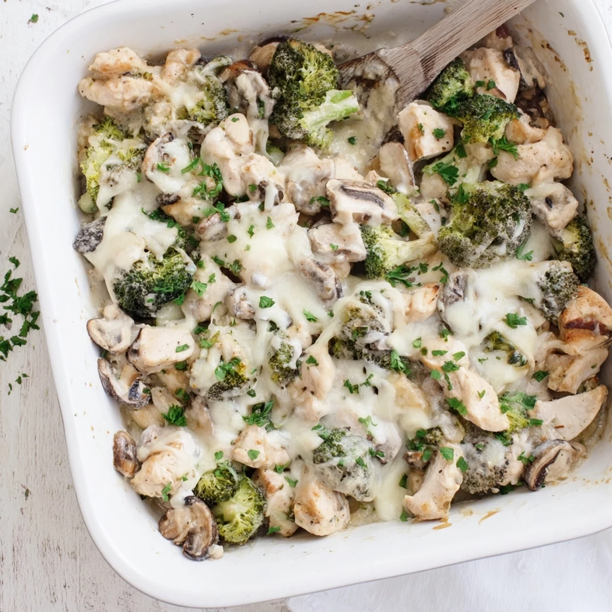Comforting baked creamy low carb chicken casserole with tender broccoli mushrooms and rich cheese sauce