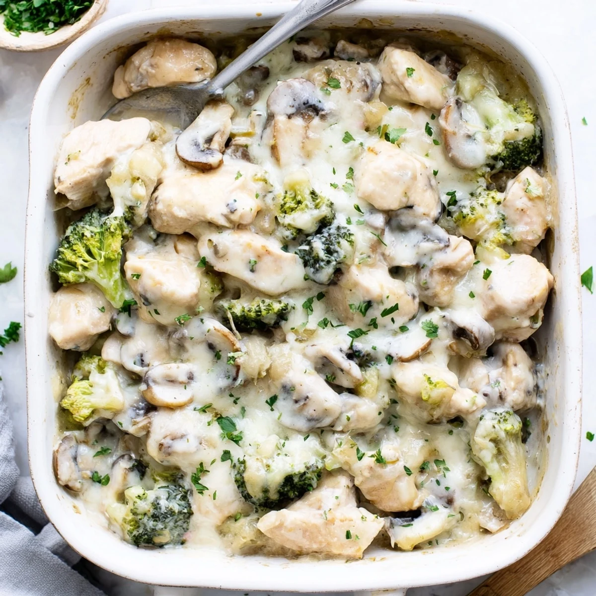 Golden bubbly creamy low carb chicken casserole topped with melted mozzarella and fresh parsley