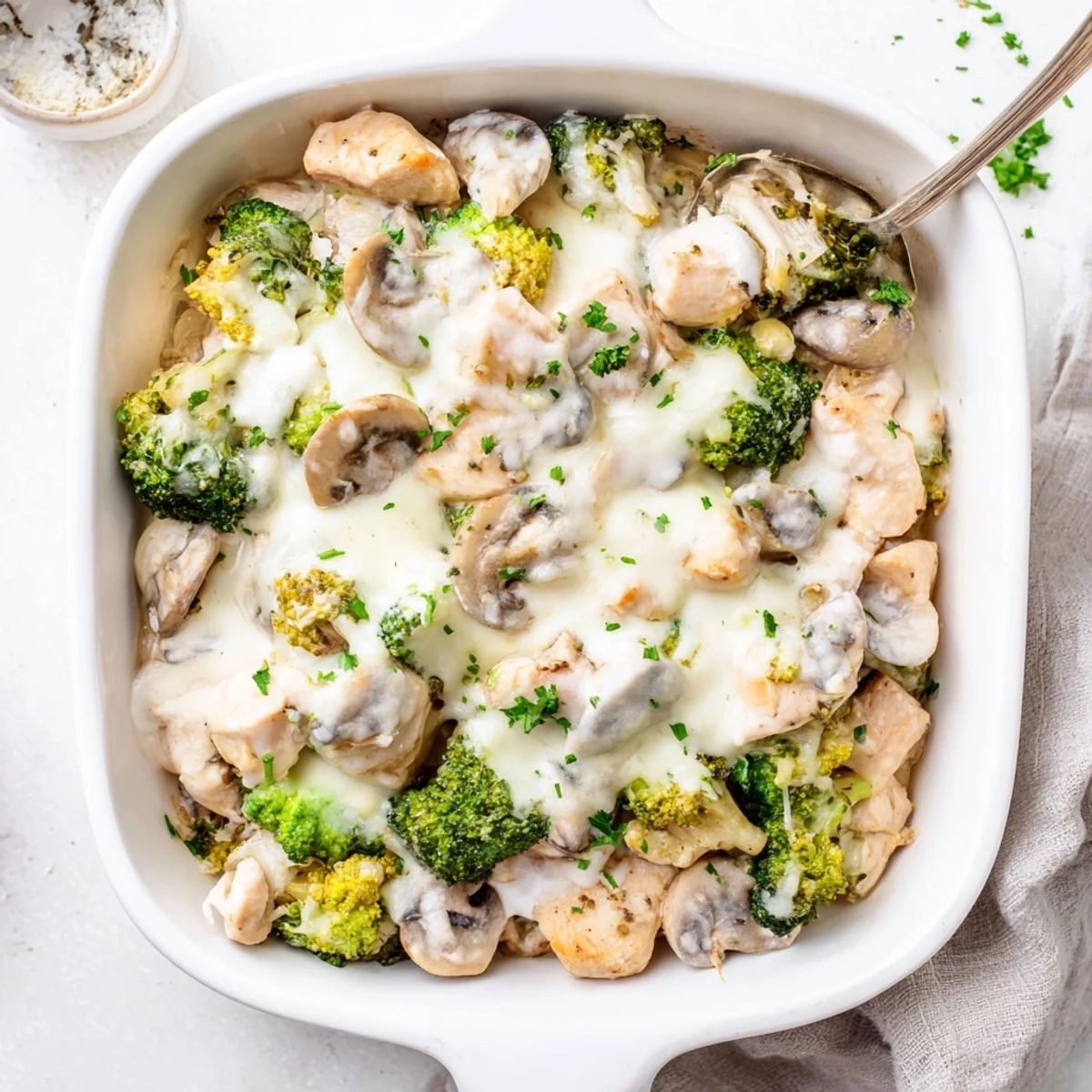 Spoonful of creamy low carb chicken casserole showcasing chicken vegetables and velvety sauce in casserole dish