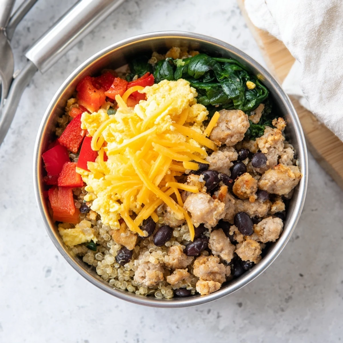Colorful meal prep containers filled with high protein freezer friendly breakfast bowls layered with fluffy scrambled eggs, vegetables, sausage, and quinoa