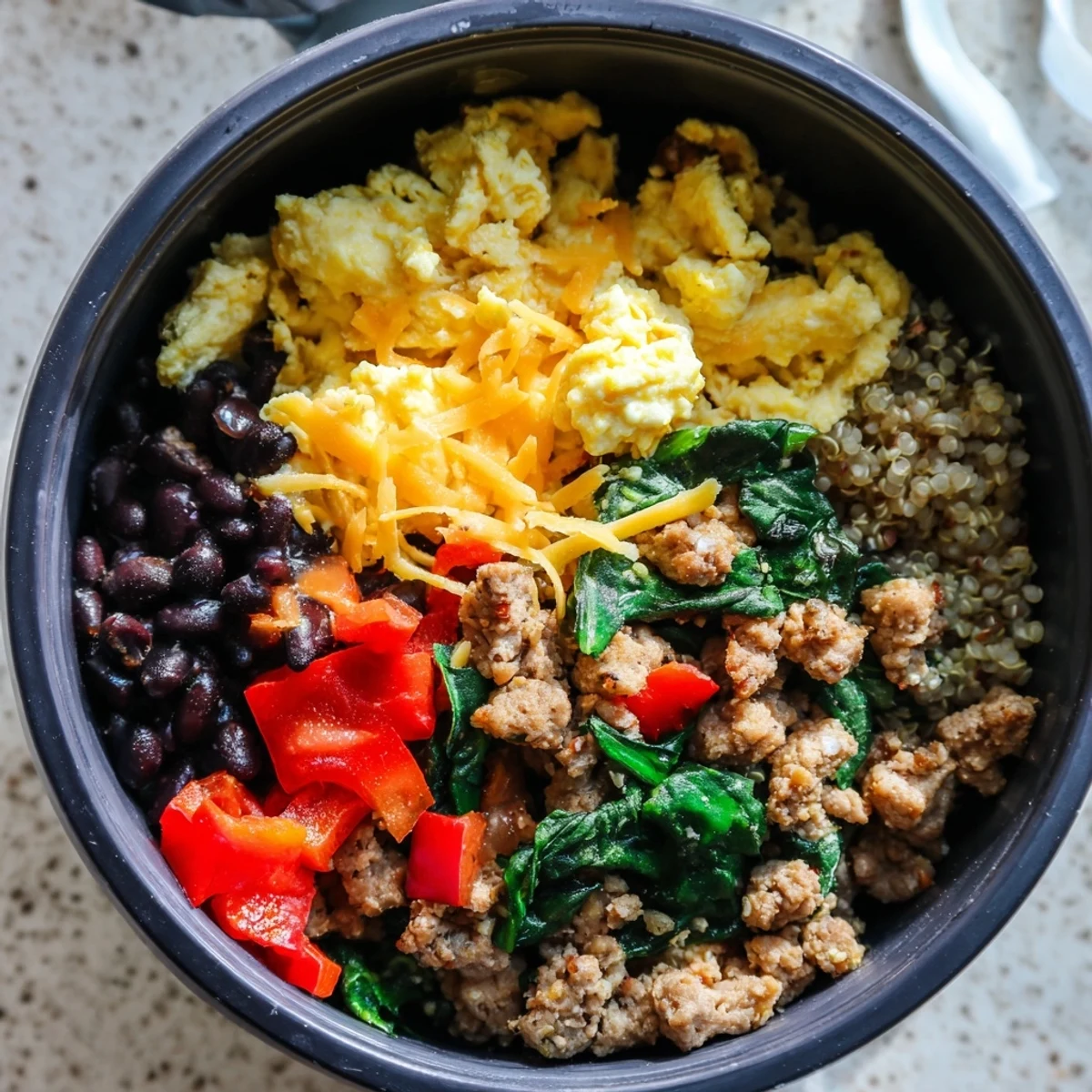 Spoon lifting a hearty portion of high protein freezer friendly breakfast bowls showing black beans, bell peppers, shredded cheese, and fluffy scrambled eggs