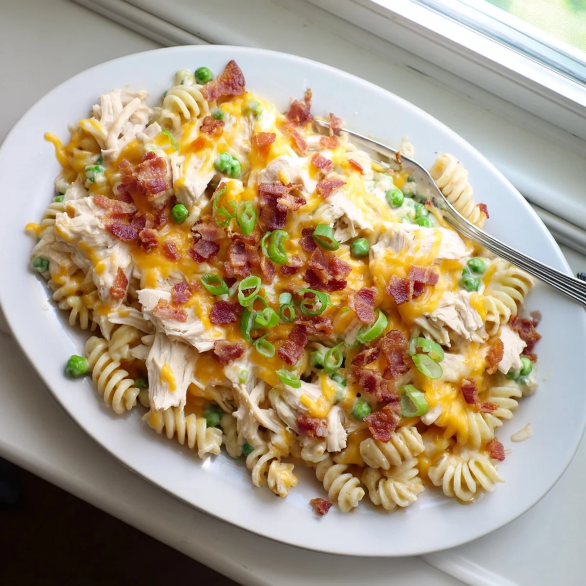 Creamy Crock Pot Crack Chicken Casserole topped with melted cheddar and crispy bacon bits