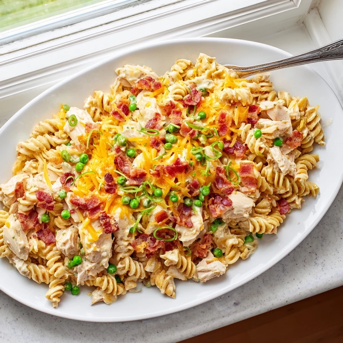Slow cooker Crack Chicken Casserole bubbling with tender pasta, ranch sauce, and shredded chicken