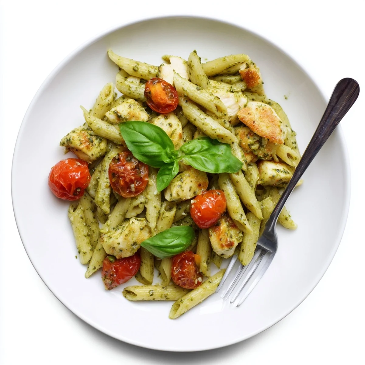 Golden brown chicken pieces coated in rich creamy pesto pasta sauce with fresh basil garnish
