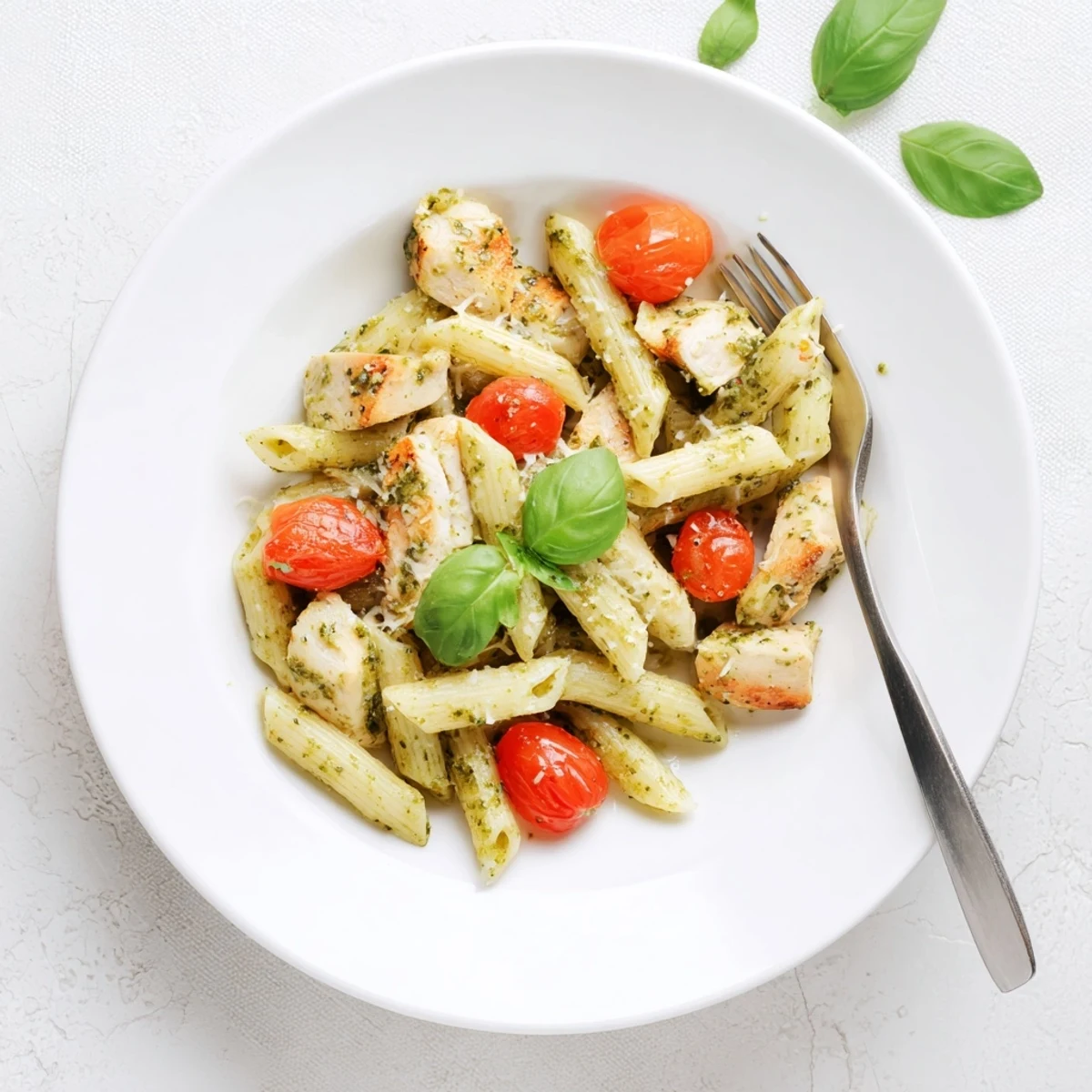 Steamy plate of creamy pesto chicken pasta topped with grated Parmesan and fresh basil leaves