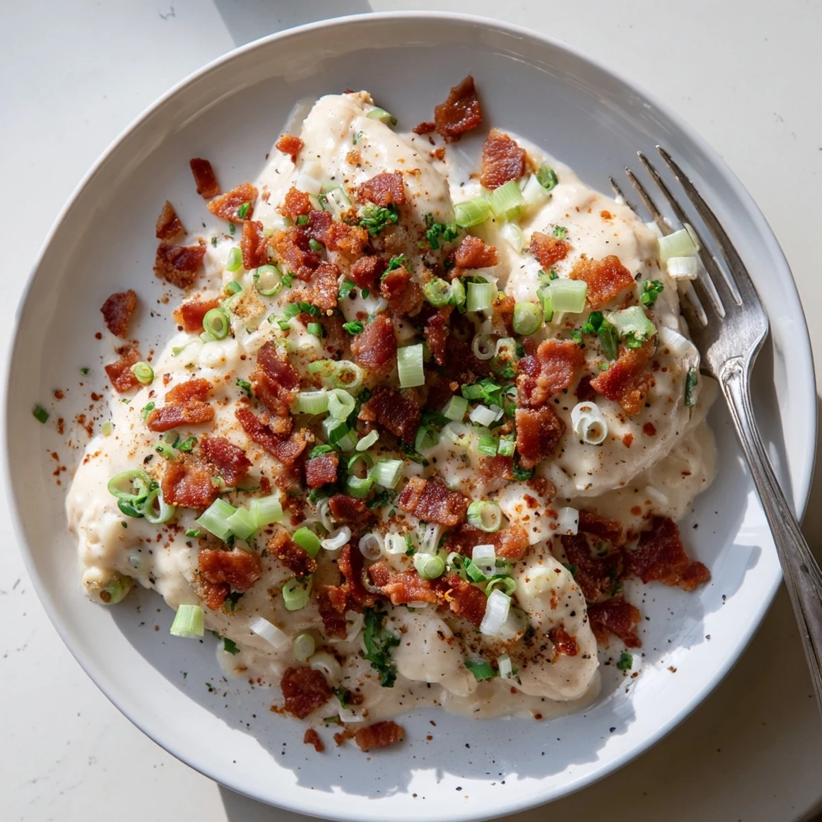 Slow cooker chicken breasts smothered in rich cheese sauce with bacon crumbles