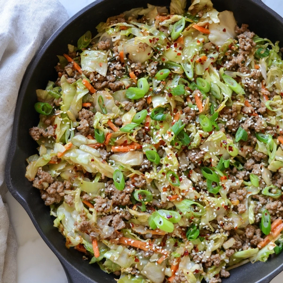 Golden skillet keto egg roll in a bowl with savory ground pork and tender crisp cabbage