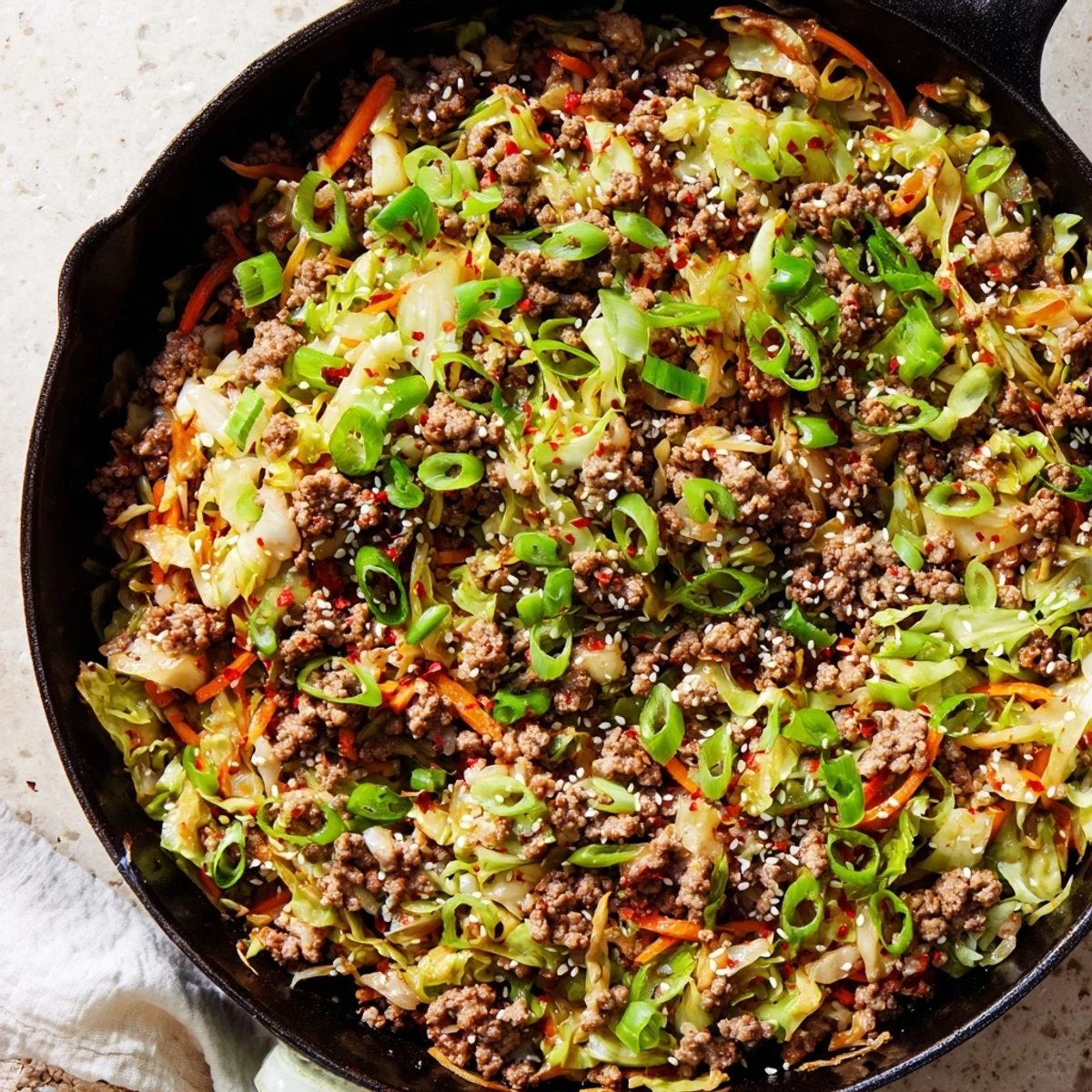 Low carb egg roll in a bowl served hot from the pan with fresh green onion topping