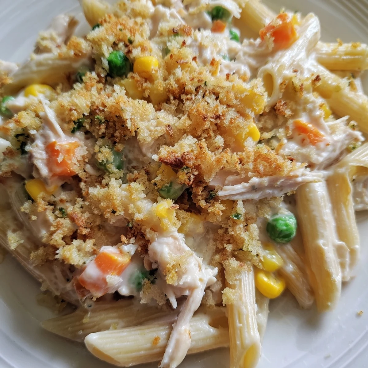 Creamy chicken pot pie pasta casserole bubbling with golden Parmesan panko topping