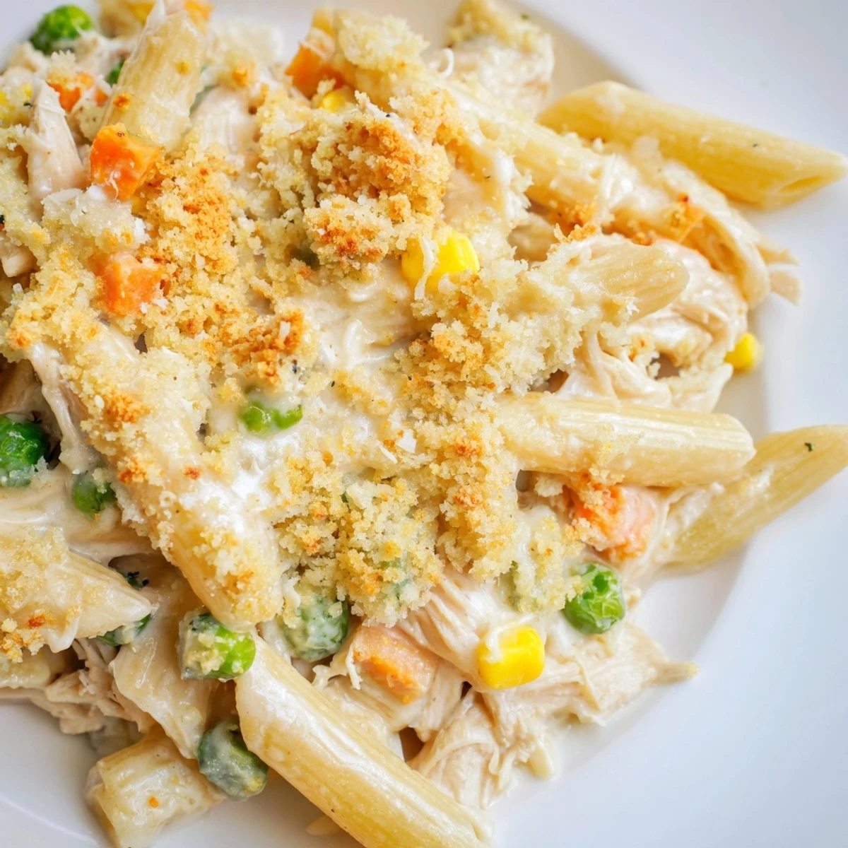 Baked chicken pot pie pasta with tender peas and carrots in savory sauce