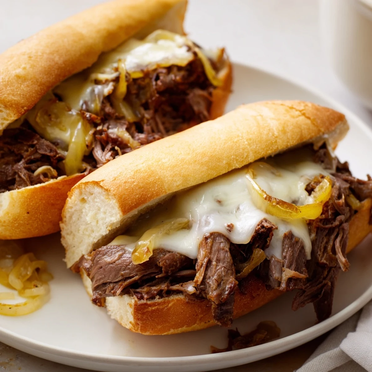 Shredded beef piled high on hoagie rolls in these savory Crockpot French Dip Sandwiches with au jus