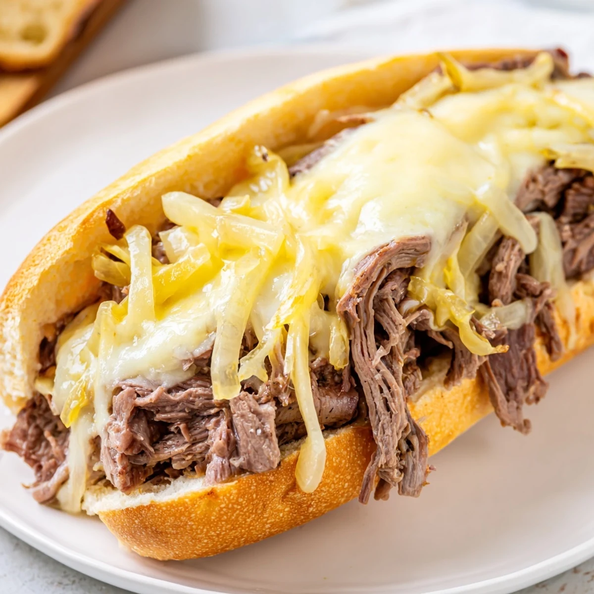 Golden Crockpot French Dip Sandwiches on toasted rolls with melted cheese alongside rich dipping broth