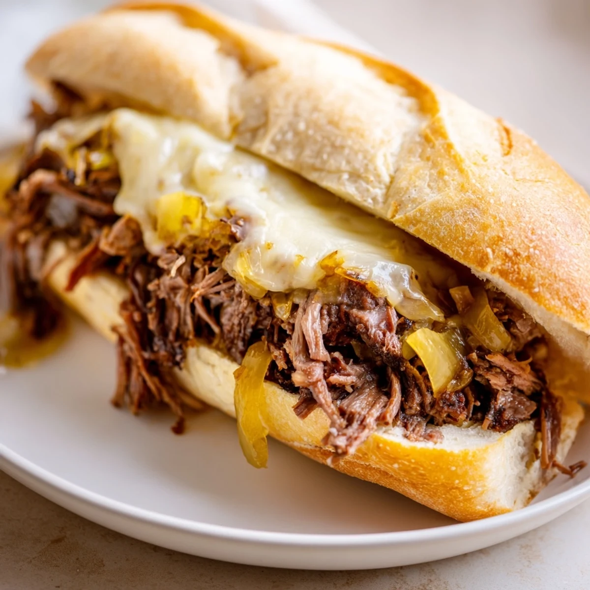 Tender slow-cooked beef sandwiches bubbling with melted cheese served with small bowls of savory dipping sauce