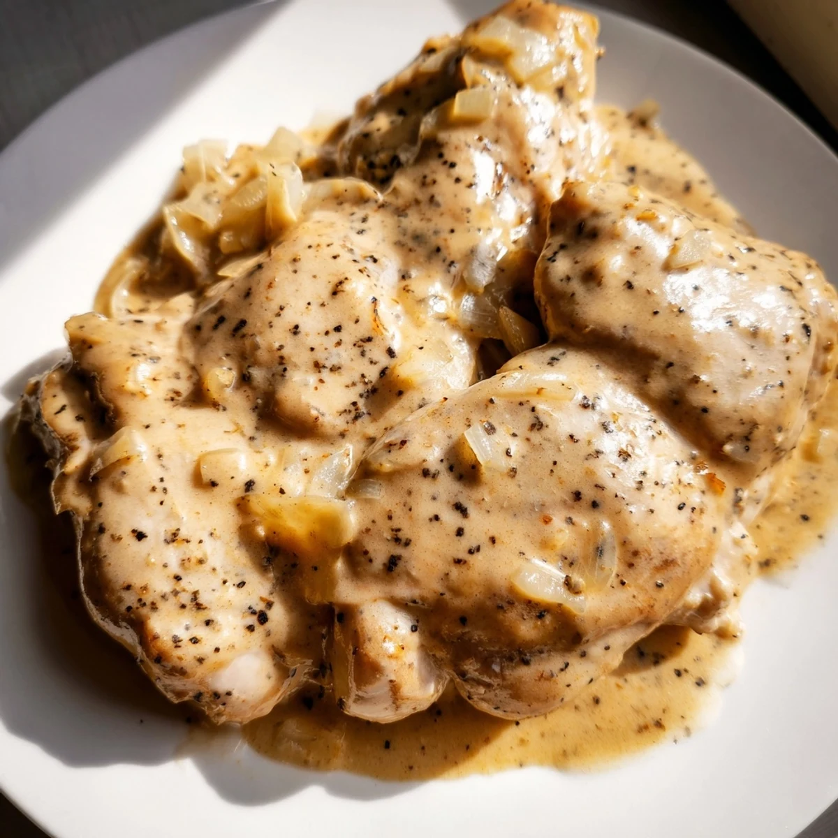 Succulent boneless chicken thighs served smothered in a thick savory cream gravy