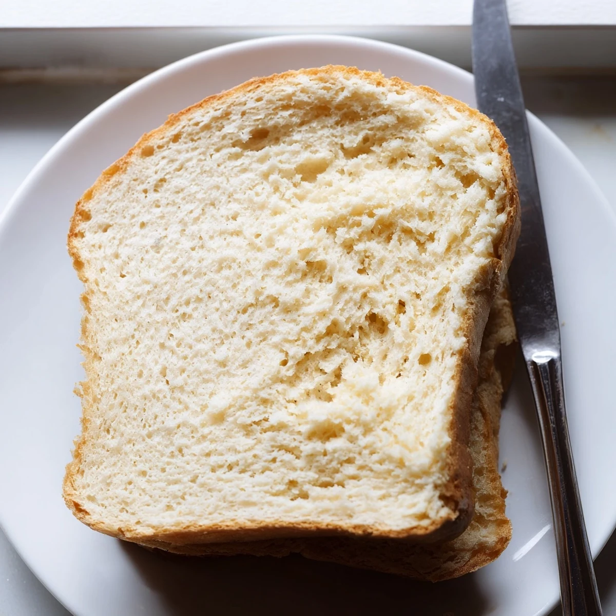 Golden zero carb yogurt bread loaf sliced with golden crust on wooden board