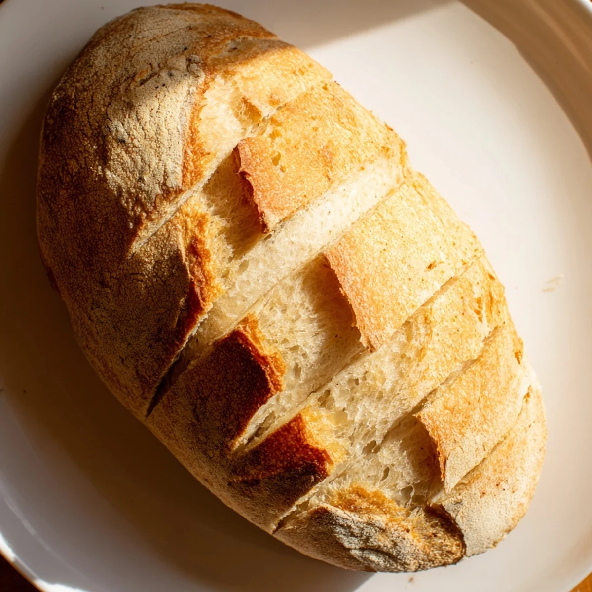 Golden brown crusty Italian bread loaf with crackling exterior and soft chewy interior