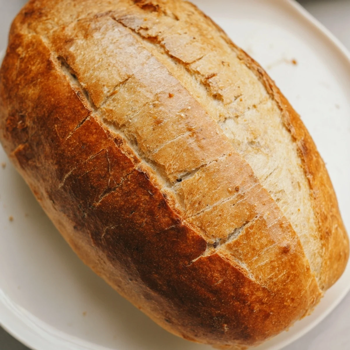 Sliced crusty Italian bread revealing airy crumb structure ideal for dipping in olive oil