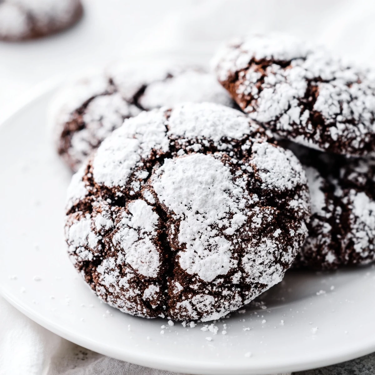 Soft gingerbread crinkle cookies dusted with snowy powdered sugar on a festive white plate