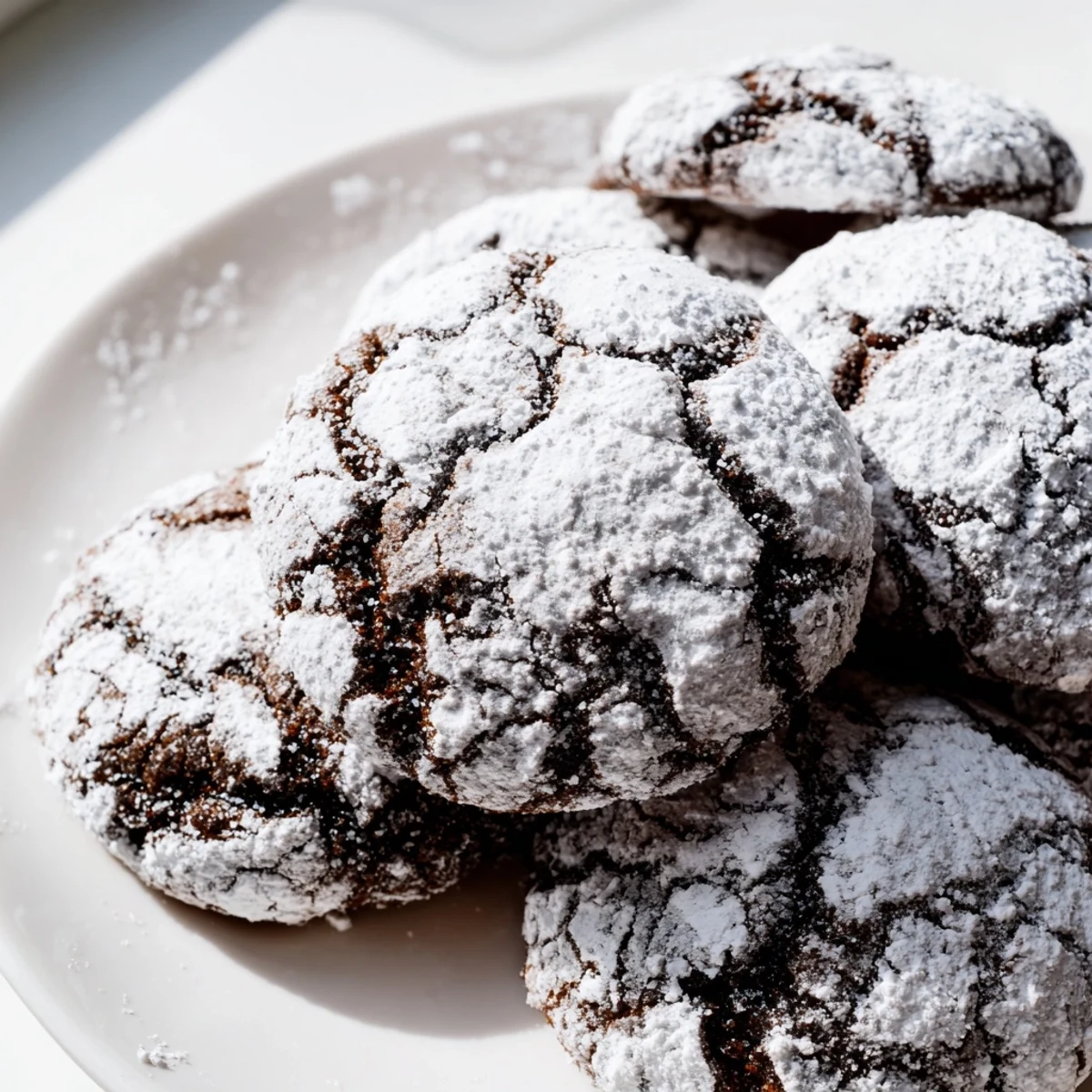 Batch of golden gingerbread crinkle cookies rolled in powdered sugar ready for holiday gifting