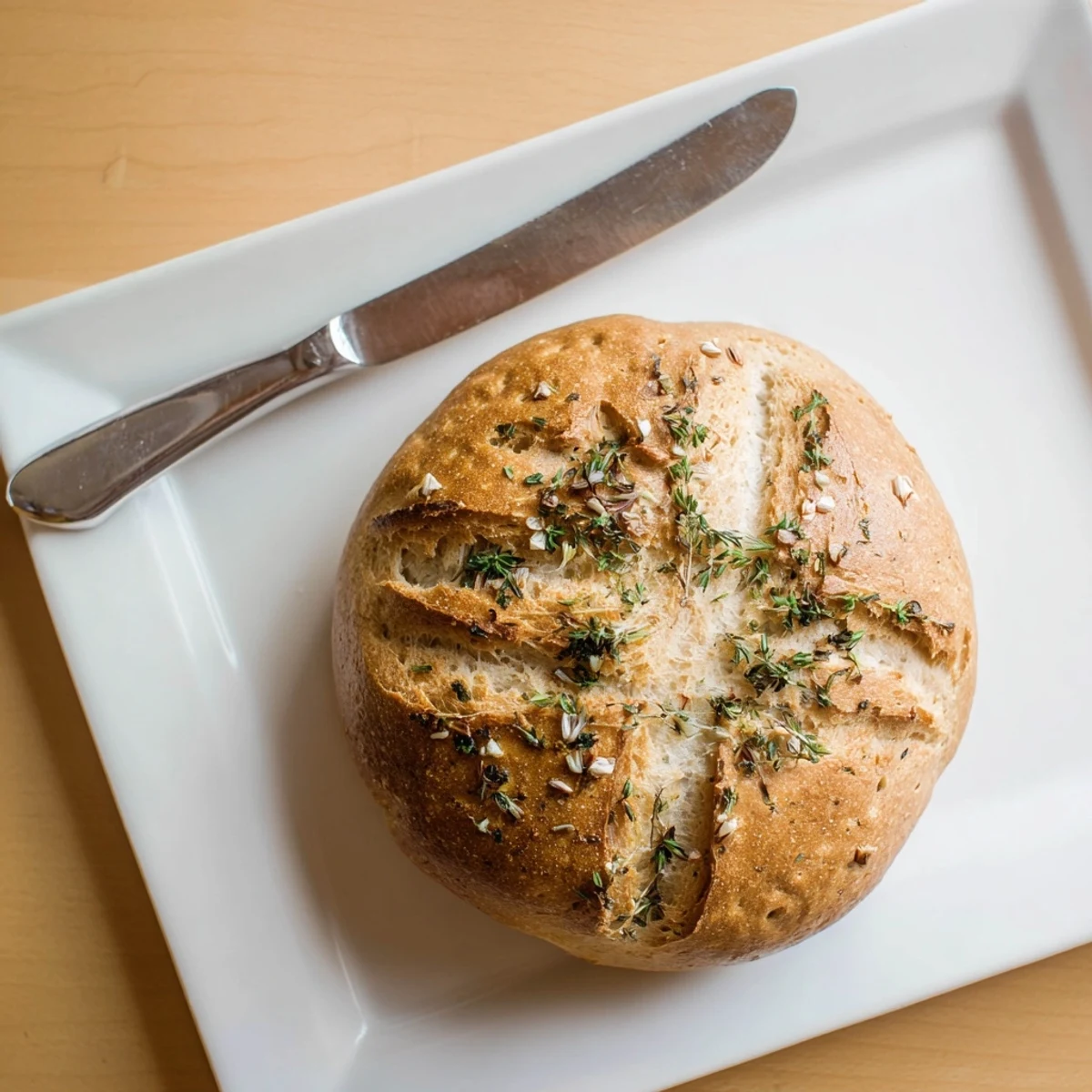 Golden crust loaf of Garlic Herb Dutch Oven Bread with butter-brushed surface and fresh parsley garnish